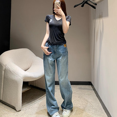 1v驴正确版经典皮标高腰直筒牛仔裤女新款复古宽松拖地阔腿裤子