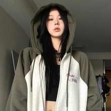 加绒加厚冬美式高街撞色棒球服拉链外套女设计感连帽开衫卫衣外搭