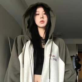 加绒加厚冬美式高街撞色棒球服拉链外套女设计感连帽开衫卫衣外搭