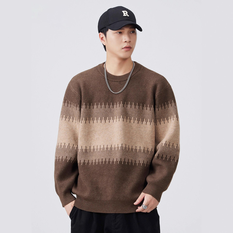 Dukeen Lazy Style Knitwear Men's Autumn and Winter American Contrast Color Round Neck Thickeneded 750g Heavy Inner Knitwear Jacket