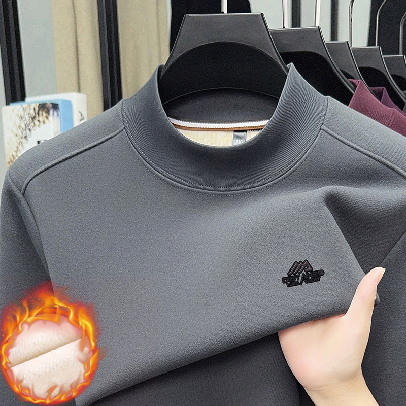 秋冬男装加绒立领卫衣中青年时尚纯色长袖t恤舒适保暖打底衫上衣