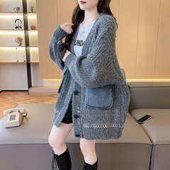 宽松慵懒风拼接牛仔口袋开衫毛衣女装秋冬新款休闲V领针织衫外套