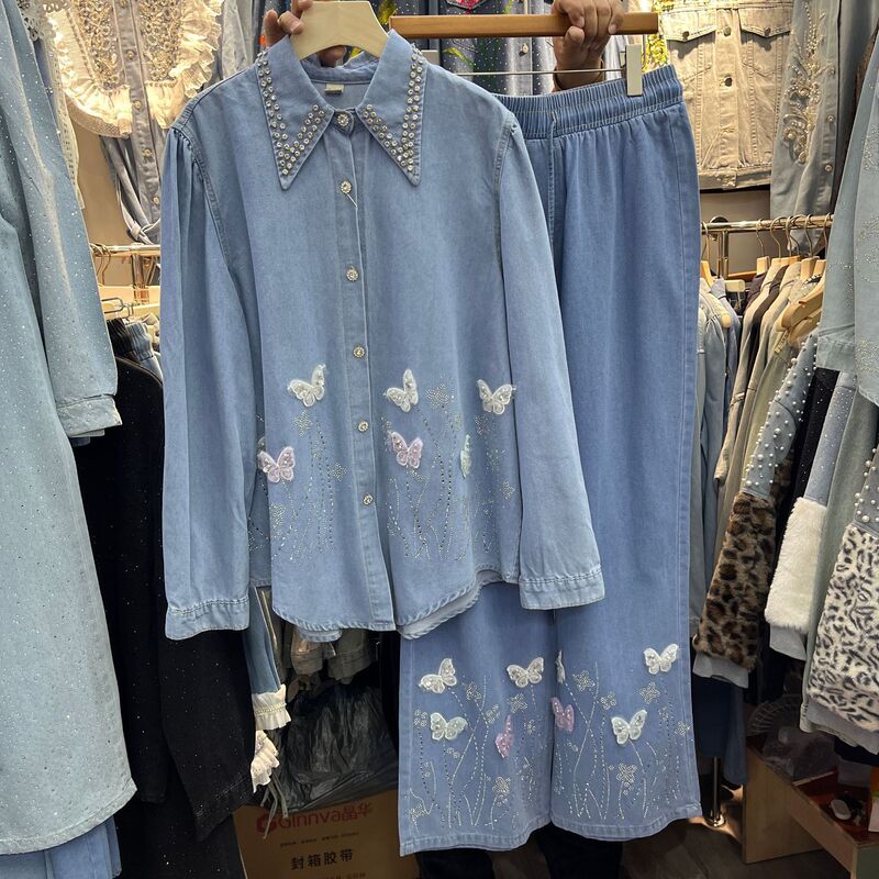 2026 Spring Women's New Fashion Denim Shirt Jacket + Elastic Waist 3D Butterfly Decorated Jeans Trend