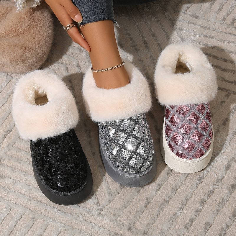Sequin Decorated Autumn and Winter Snow Boots Bag Heel Slippers Women's Thick Bottom fleece-lined Warm Outer Wear Plush Cyber Celebrant Wool Slippers