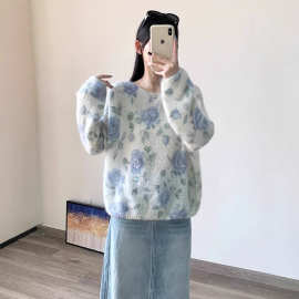 2025新款秋季慵懒风蓝色针织衫女软糯气质减龄甜美风休闲长袖上衣