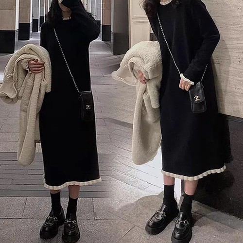 Coat paired with a knitted base sweater and a mini-length dress—perfect for petite figures in black, ideal for autumn and winter women's wear.