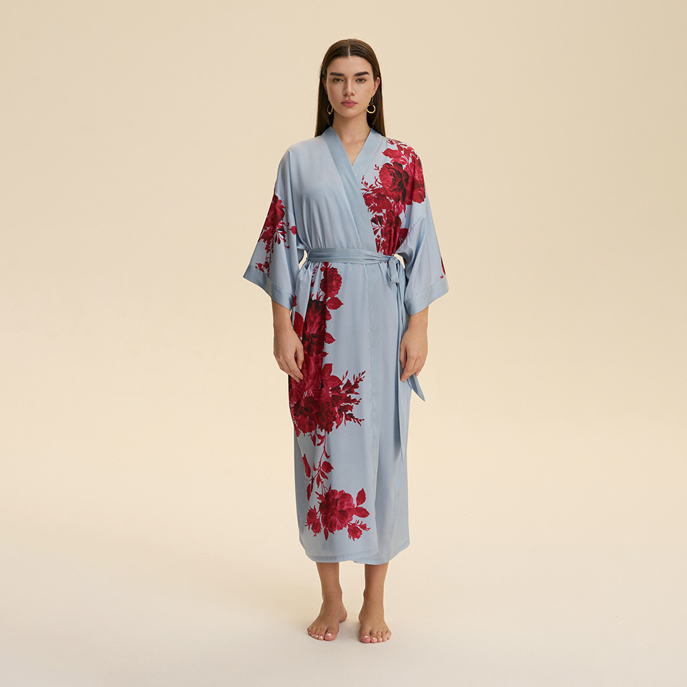 Yaoting European and American New Satin Large Size Pajamas for Women Spring and Autum Thin Long-Sleeved Long Nightgown Home Clothes Wp5021