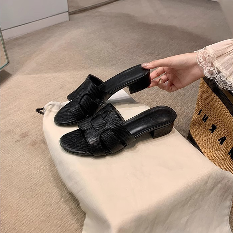 蘇銀銀と同じスタイルのレディーススリッパ～トカゲ柄ソフトレザーワンライン太ヒールスリッパレディースサンダル通勤OL夏アウター|undefined