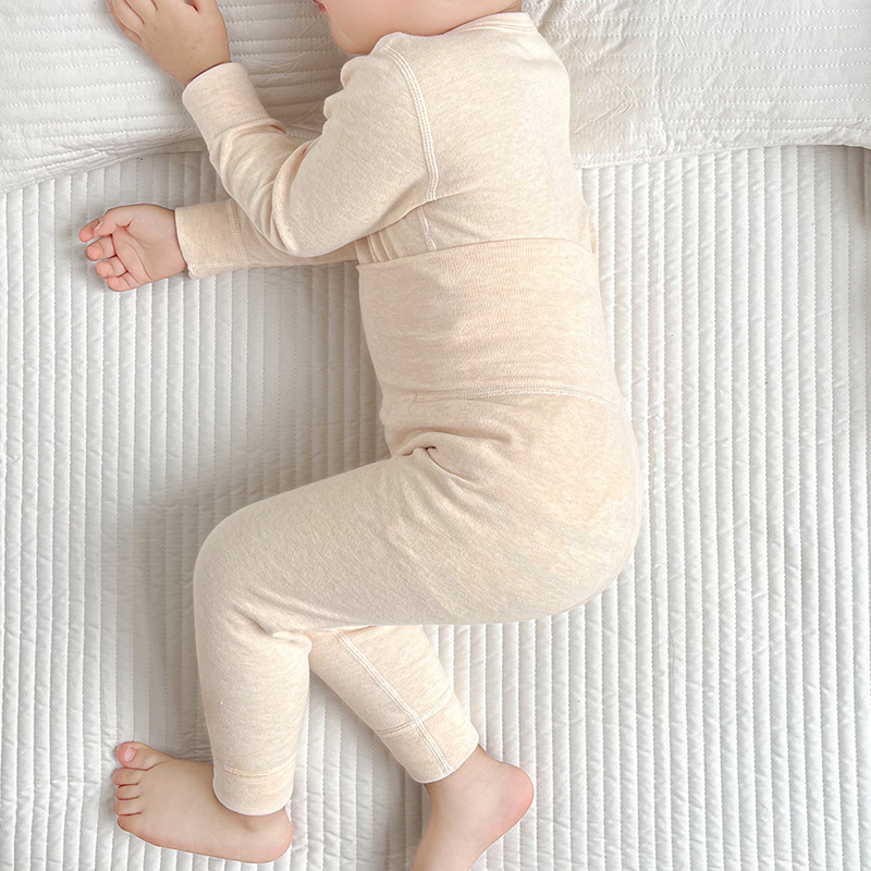 Autumn and Winter 280g Colored Cotton Children's Seamless High-Waisted Belly-Protecting Set Boys and Girls Pure Cotton Thick Baby Thermal Underwear Set