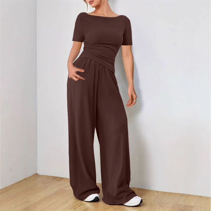 Popular Relaxed-Fit Women's Wide-Leg Pants Two-Piece Set, Soft and Flowy Style Suit with Fashionable Irregular Short Sleeves Popular Relaxed-Fit Women's Wide-Leg Pants Two-Piece Set, Soft and Flowy Style Suit with Fashionable Irregular Short Sleeves