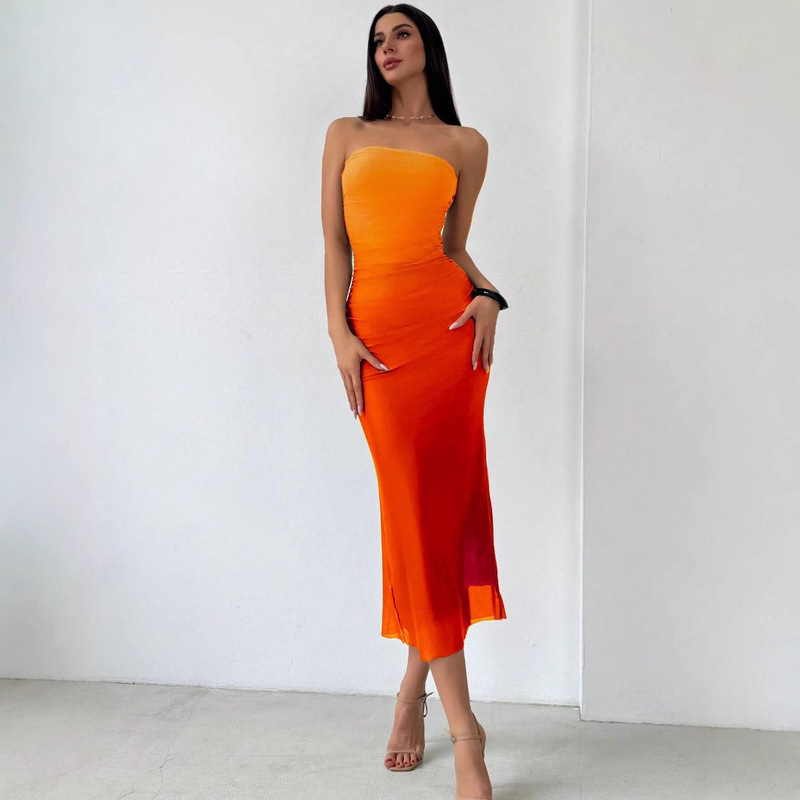 in stock Cross-border 2024 Europe and America Amazon Gradient Pleated Sexy Tight Split Strapless Tube-length Dress