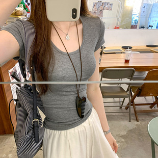 2025 Real Photograph European U-collar Shoulder Short-sleeved T-shirt Women's Summer Explosions Slim-fit Slimming Unique Beautiful Short