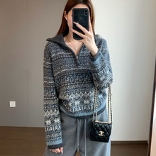 氛围感 绵羊毛兔毛混纺厚实蓬松费尔岛提花漏斗领圆领毛衣G122102