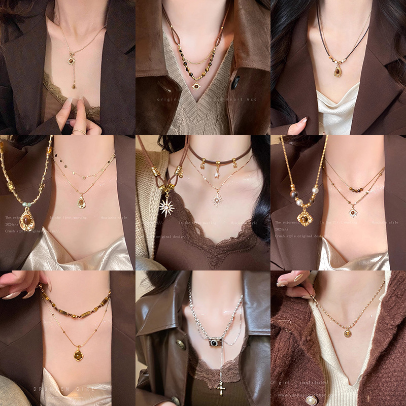 美拉德秋冬虎眼石钛钢项链女韩系小众设计长款卫衣链配饰百搭新款