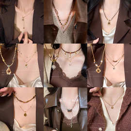 美拉德秋冬虎眼石钛钢项链女韩系小众设计长款卫衣链配饰百搭新款