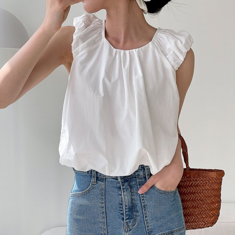 2025 Summer Niche Baby Doll Shirt Fluffy Hidden Flesh Discreet Back Lace-Up Shirt Sleeveless Top Camisole for Women