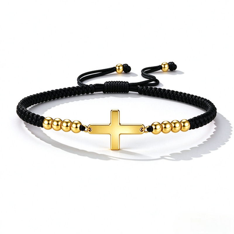Exclusive for cross-border sales: Stainless steel 18k gold-plated cross woven bracelet, adjustable bead bracelet, couple's jewelry