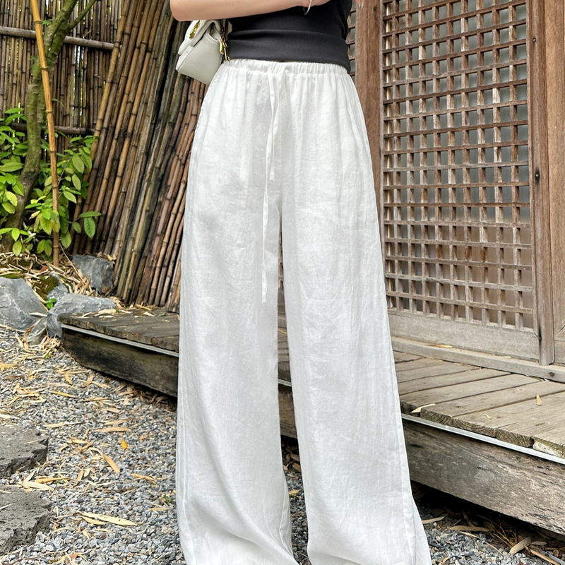 White 100% Pure Linen Wide-Leg Pants for Women, Summer Thin Cotton-Linen Breathable High-Waisted Casual Old Money Style Drapey Straight-Leg Pants