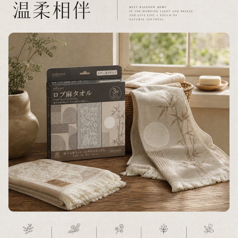 sufecoco hemp towel set in Japanese style, plain color, breathable, absorbent, skin-friendly, with tassels, face towel gift box sufecoco hemp towel set in Japanese style, plain color, breathable, absorbent, skin-friendly, with tassels, face towel gift box