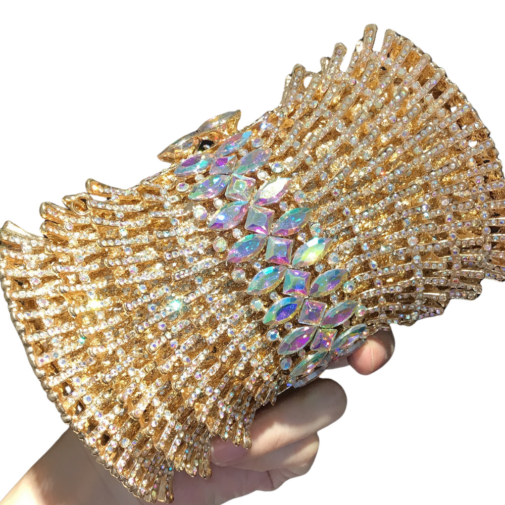 Túi clutch nữ hộp cứng kim loại rỗng đính kim cương dự tiệc — Màu vàng, Màu xanh lam chi tiết 4
