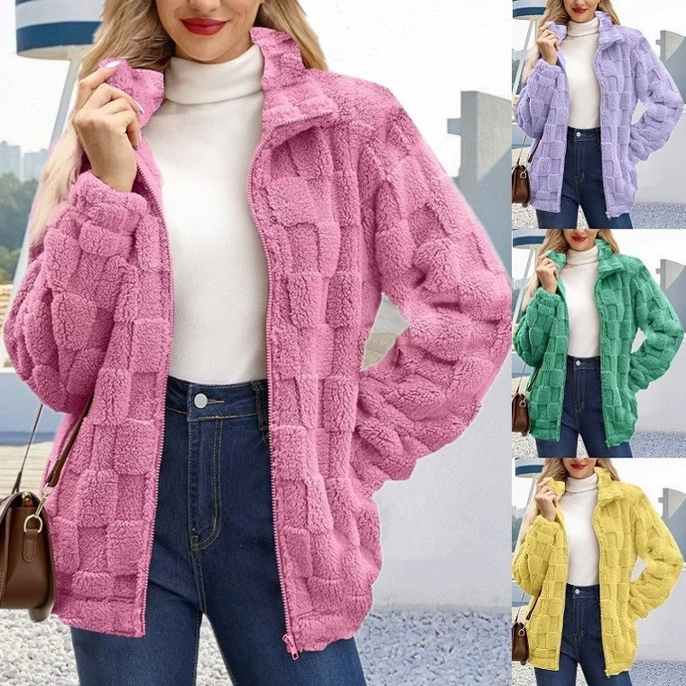 2025 Autumn and Winter New European and American Cross-Border Women's Cardigan Zipper Stand Collar Loose Jacquard Square Plaid Plush Jacket