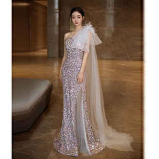 Toast Wear Bride 2025 New Silver Fishtail Sequin Host Engagement Student Day Adult Ceremony Examination Dress