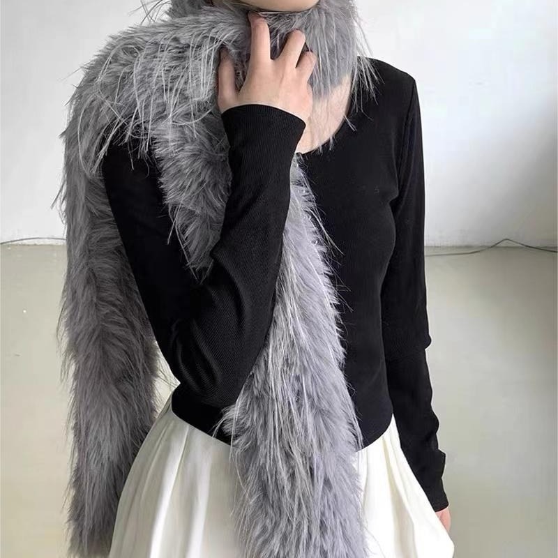 秋冬流苏长毛毛软糯保暖长方围巾女户外简约百搭毛绒双层加厚围巾