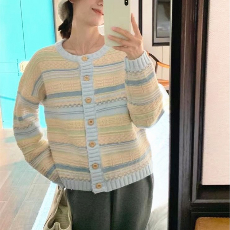 A principios de otoño nuevo estilo coreano suelto chaqueta a rayas suéter de punto universal cardigan chaqueta damas