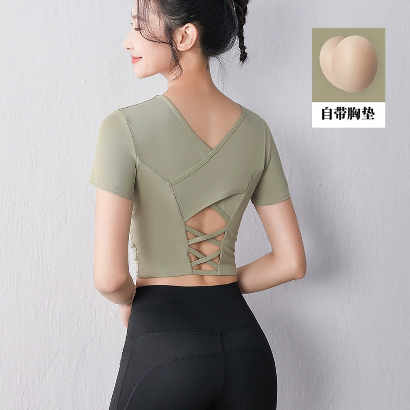 Одежда для йоги Женский спортивный топ с нагрудной подкладкой Красивая спина Дышащая одежда для фитнеса Тренировочная футболка с коротким рукавом Сплошной цвет 2021 Новый стиль