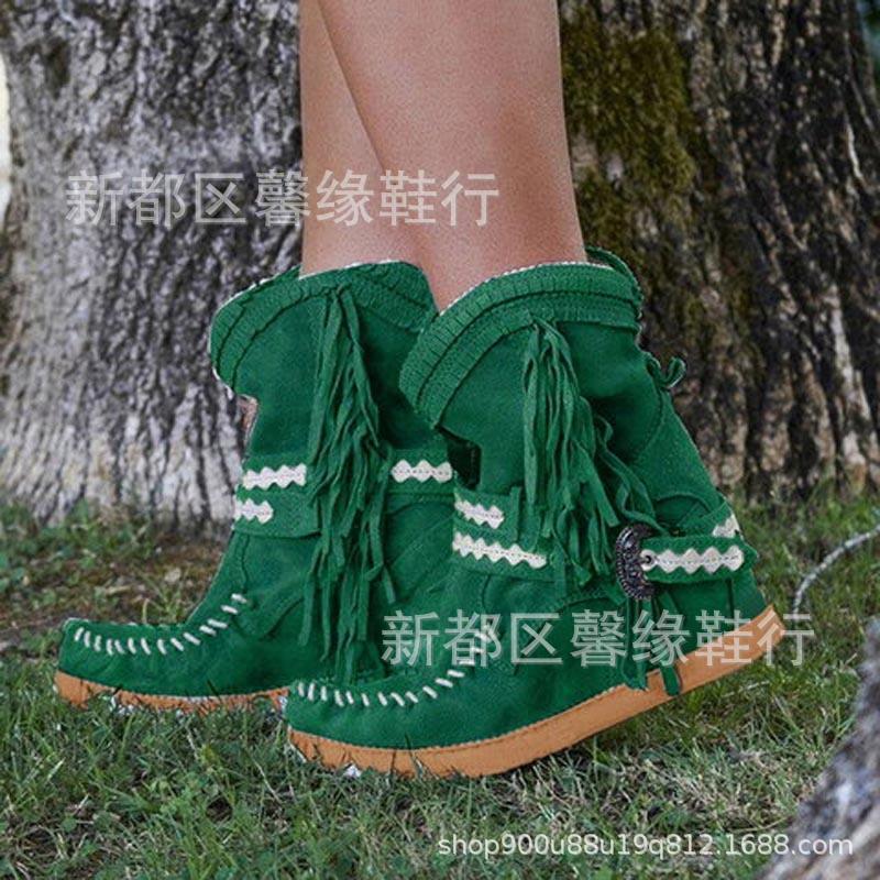 35-43大码欧美跨境圆头平跟厚底绒面平底皮带扣流苏短靴女靴X354