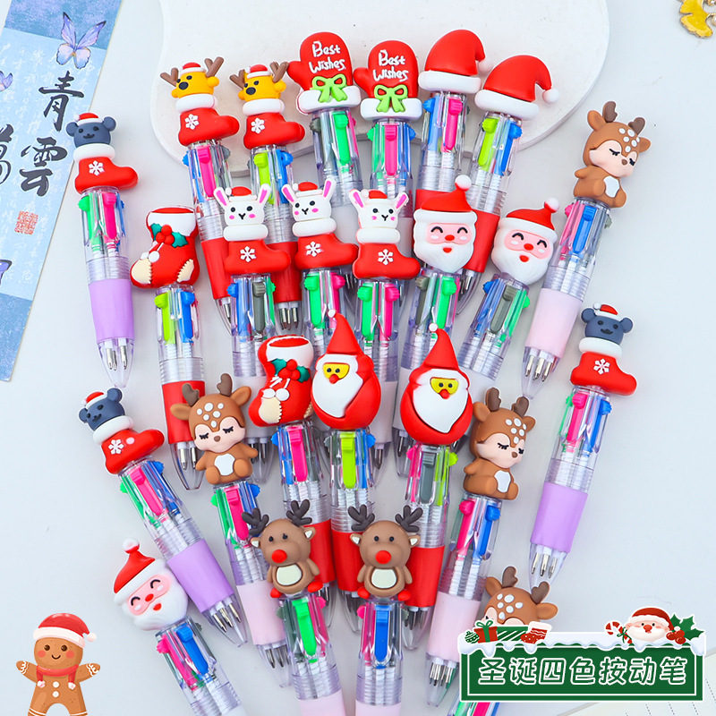 Cross-Border Creative Cartoon Christmas Small Four-Color Mini Ballpoint Pen Student Multi-Color Handbook Pen Ballpoint Pen Wholesale
