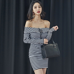 Striped shoulder sexy dress