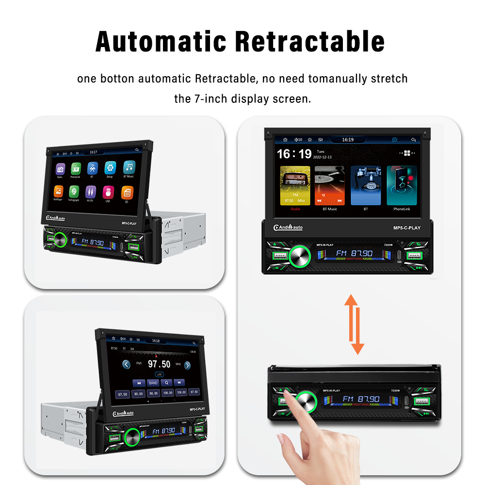 7inch Hd Electric Retractable Touch Screen Universal Device Type-C Fast Charging Apple Carplay Connection 7230W