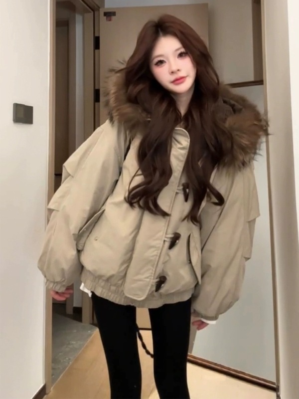 牛角扣大毛领连帽棉服外套女冬季韩系小个子加厚工装派克服|undefined
