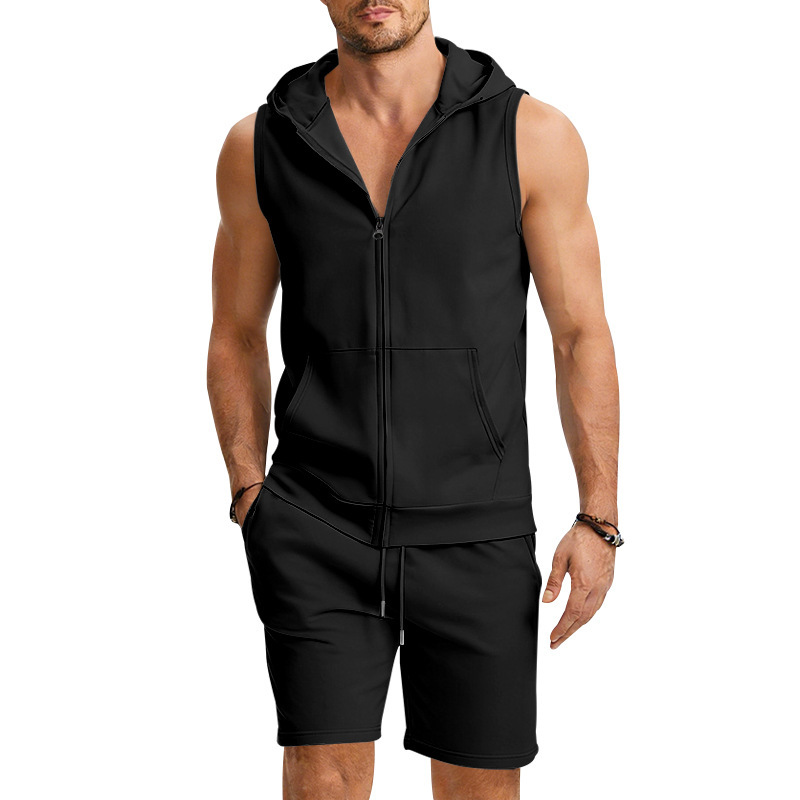 Men's Zip-Front Sleeveless Hoodie And Shorts Set Lightweight Athletic Gym Wear for Summer Workouts And Casual Street Style_viptrois.com