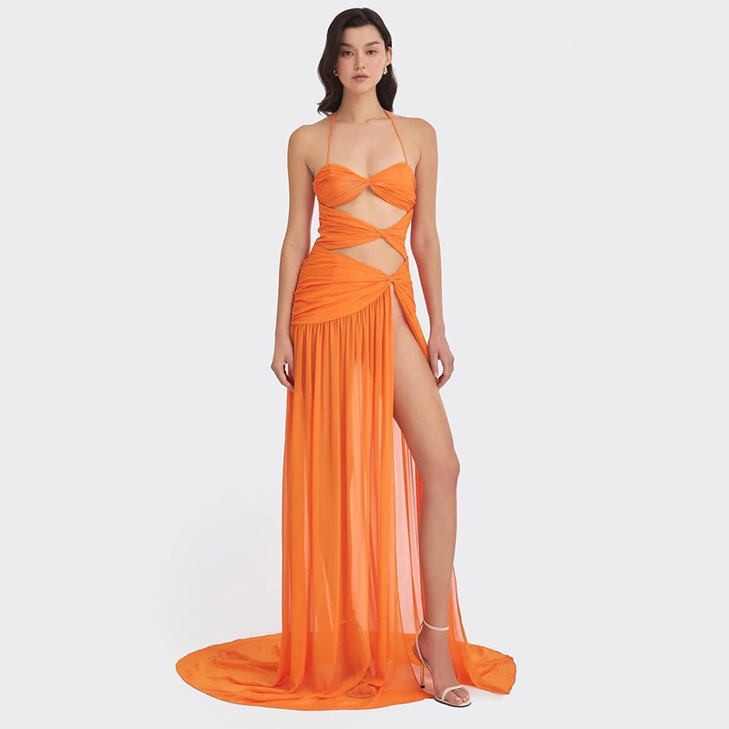 2026 European and American Cross-Border Summer New Style Personalized Fashion Hollow-Out Irregular Halter Neck Slim-Fit Slit Dress