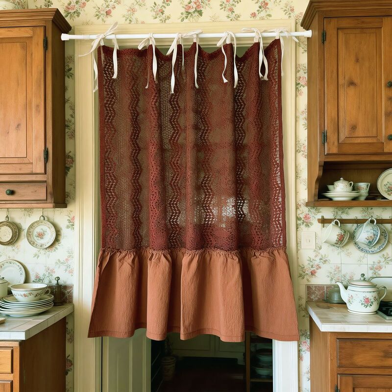 After Being Dyed 99 Times in the Golden Light, It Has a Vintage Autumn Vibe, American-Style Kitchen Half-Curtain, Door Curtain, Window Curtain with Sliding Rail and Tiebacks After Being Dyed 99 Times in the Golden Light, It Has a Vintage Autumn Vibe, American-Style Kitchen Half-Curtain, Door Curtain, Window Curtain with Sliding Rail and Tiebacks