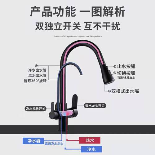 All-copper kitchen faucet pull-out hot and cold drink three-in-one pure water sink vegetable basin faucet three-use