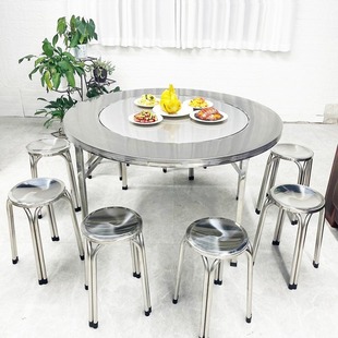 Stainless Steel Foldable Round Table with Built-in Turntable Household Dining Table Row Stall Late Night Barbecue Canteen Thickened Table