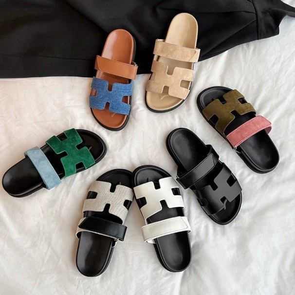 Женские шлепанцы из натуральной кожи с двумя ремешками, новинка 2025 года, повседневные уличные сандалии на толстой подошве с липучками, H-образные пляжные сандалии