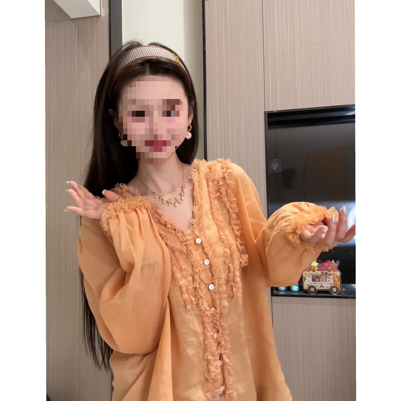 2026 Summer New Style Versatile Artistic Ruffle Collar Slimming Top Age-Reducing Shirt for Women in Orange, Green, and White