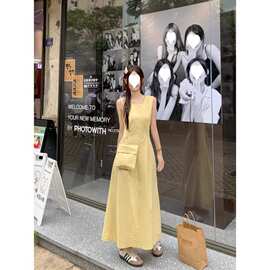 清纯温柔黄色连衣裙女夏圆领收腰显瘦a字裙子隐形拉链＋小背包