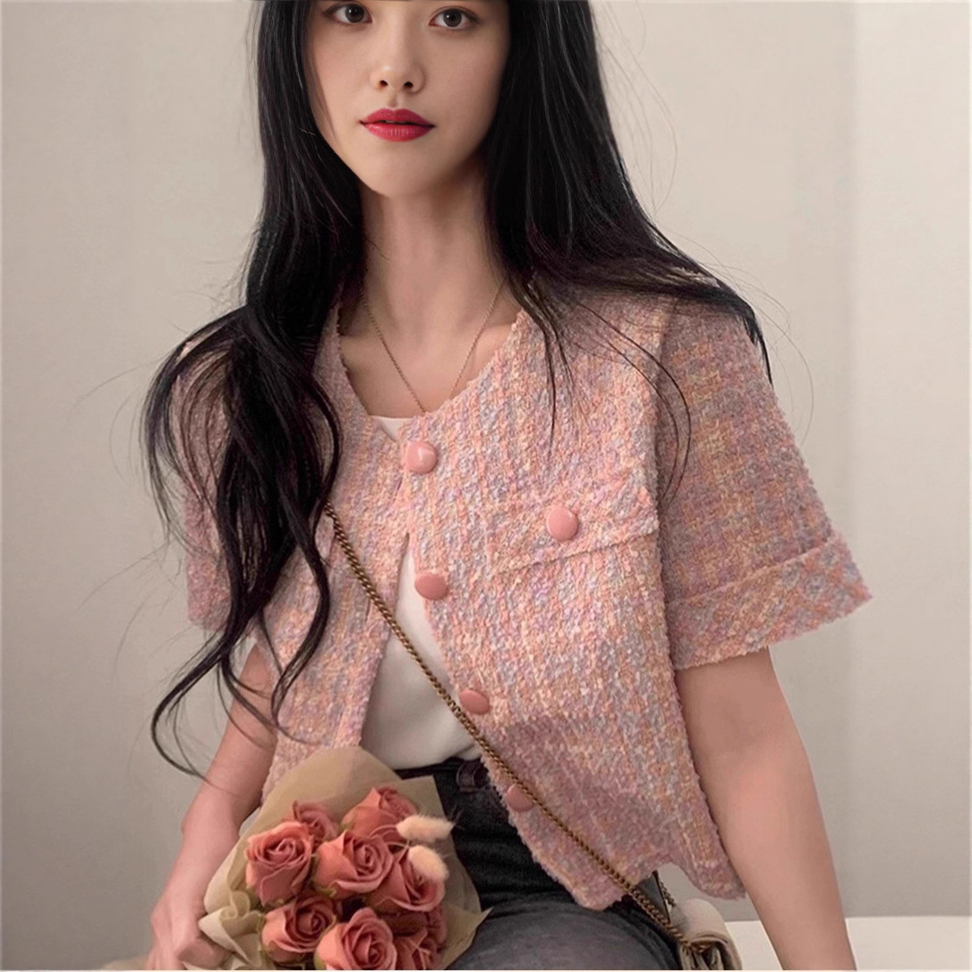 粉色小香风短袖外套女夏季薄款小个子高级感甜美别致洋气短款上衣