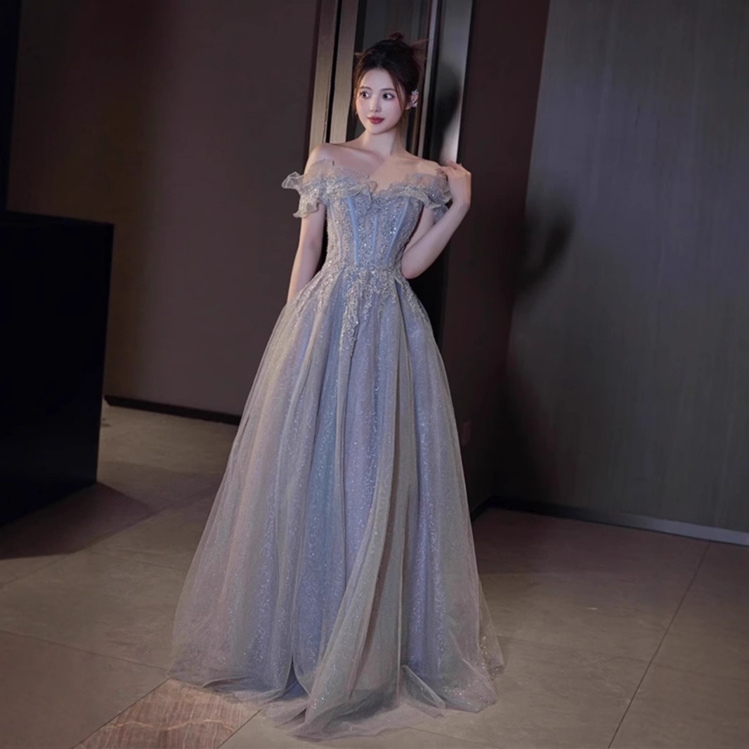 Đầm dạ hội maxi nữ thắt eo ánh sáng xanh sang trọng — Màu xanh lam