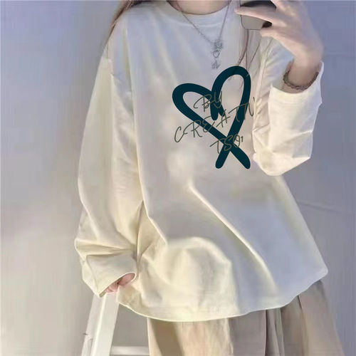 Heavyweight pure cotton long-sleeved T-shirt for women, loose spring and autumn base shirt, student versatile black top clothing, ins trendy