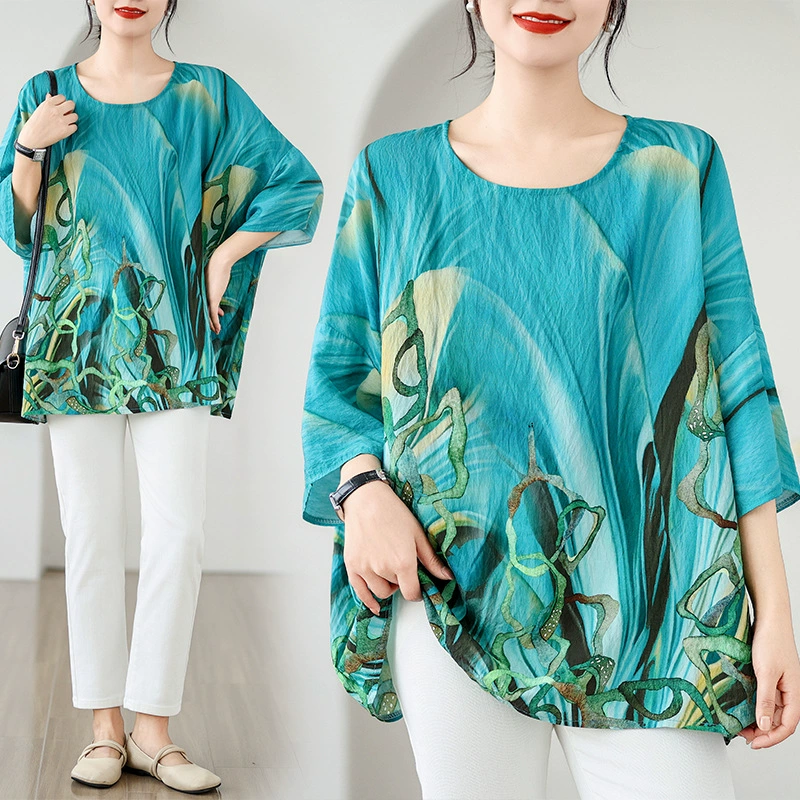 На самом деле 2024 новый летний хлопок конопли национальный ветер летучая мышь рукава свободная большая женская футболка с круглым вырезом женская 91738 #