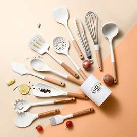 奶白色 新款短木柄硅胶厨具套装12件套不粘锅汤勺锅铲kitchen set
