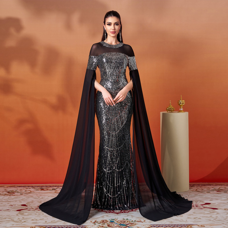 Cross-border European and American Women's New High-grade Long-sleeved Round Neck Slim-fit Hip Sequins Banquet Fishtail Evening Dress dress