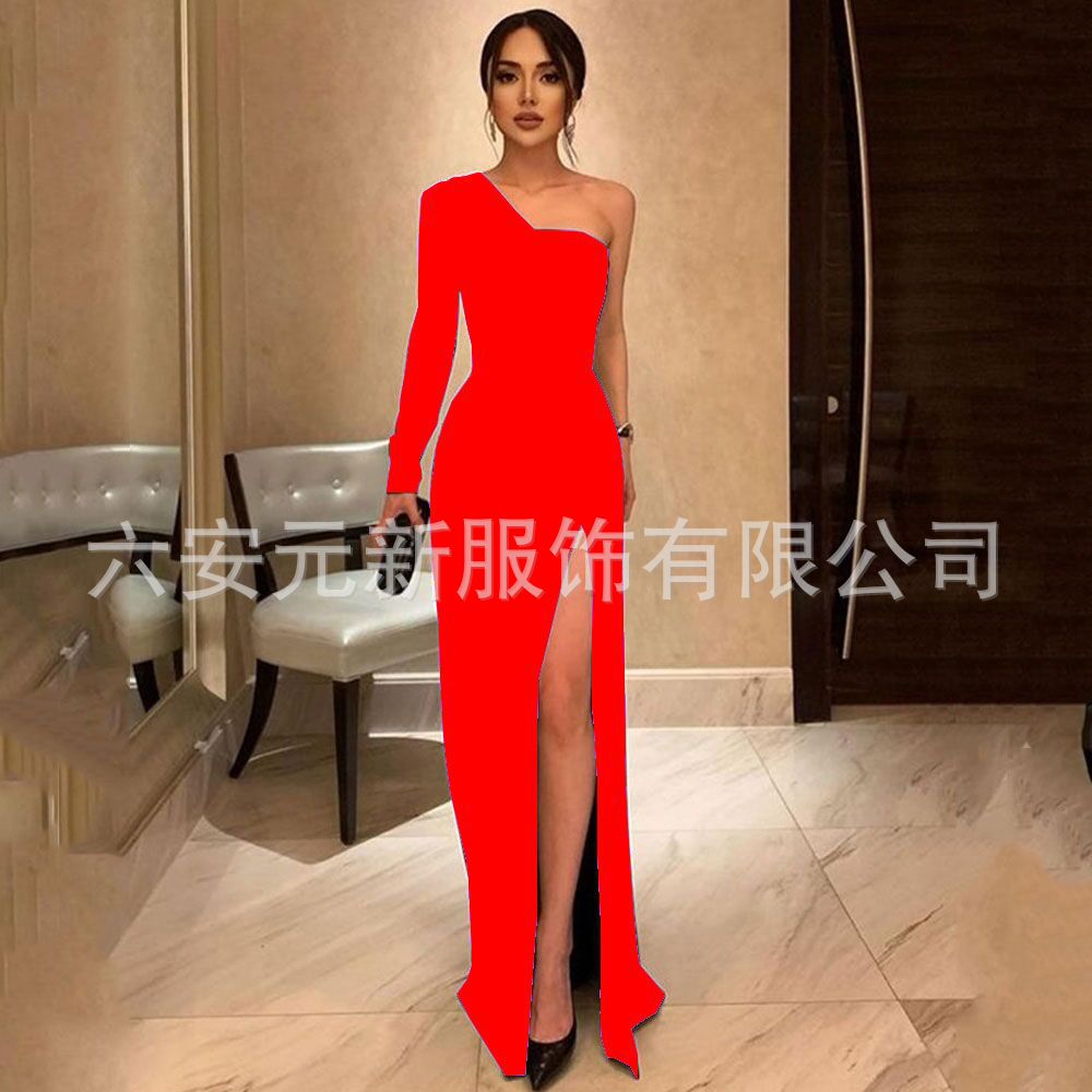 Comercio exterior europeo y americano Amazon AliExpress deseo vestido de noche de las mujeres vestido de novia negro nuevo vestido de manga larga de un solo hombro