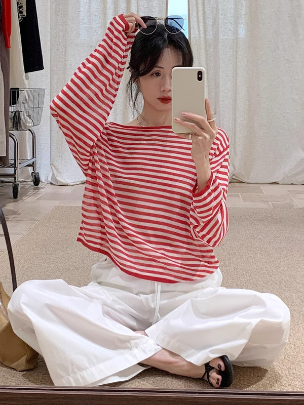 Fashionable Red Ice Silk Striped Knit Long-Sleeve Women's Spring/Summer Off-Shoulder Sun Protection Cover-Up Thin Loose Top